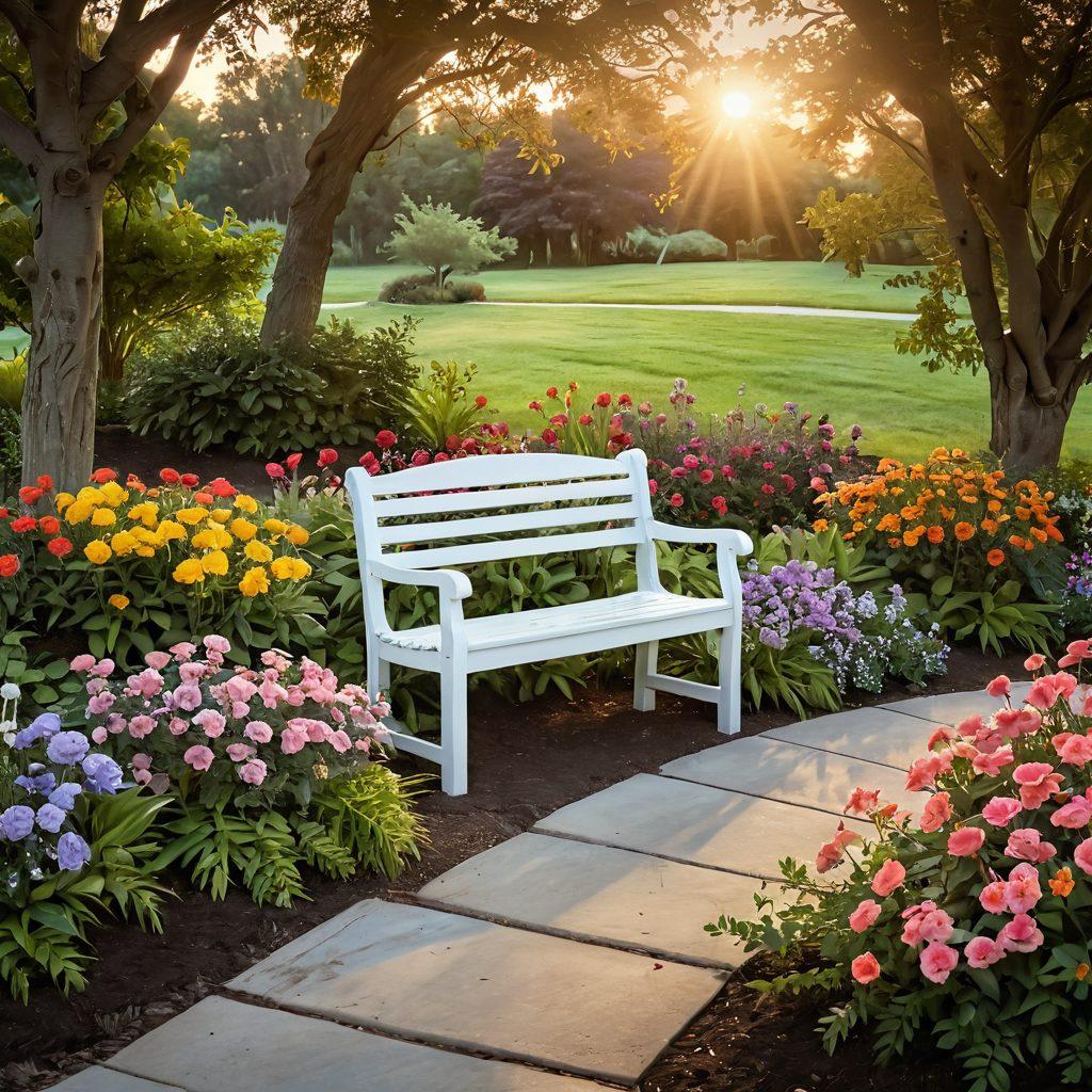 A serene setting depicting a gentle sunset over a tranquil landscape, with a pathway leading through a lush garden filled with colorful flowers symbolizing remembrance. A subtle overlay of a delicate, translucent funeral wreath can be seen. Soft, warm lighting enhances the mood of reflection and comfort. The scene includes a peaceful bench, inviting contemplation. super-realistic. pastel colors. tranquil atmosphere.