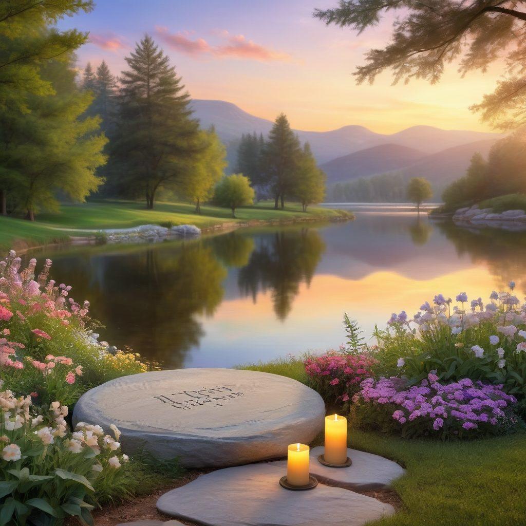 A serene landscape featuring a tranquil lake surrounded by gentle hills, with a soft golden light casting a warm glow. In the foreground, an elegant memorial stone with delicate flowers and soft candles, symbolizing remembrance and peace. A path winding through the scene, inviting contemplation and reflection. The sky above is painted with pastel colors of dawn, representing hope and new beginnings. super-realistic. vibrant colors. peaceful atmosphere.