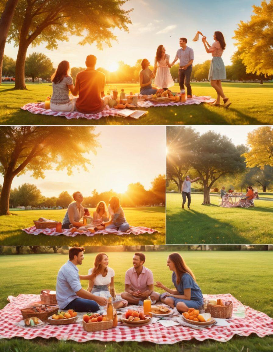 A vibrant collage of joyful moments: a family gathering with laughter, a couple celebrating an anniversary, and friends having a picnic in a sunlit park. Include a beautiful sunset in the background, and scattered memories like photographs and handwritten notes floating around. The overall mood should evoke happiness and nostalgia. super-realistic. vibrant colors. 3D.